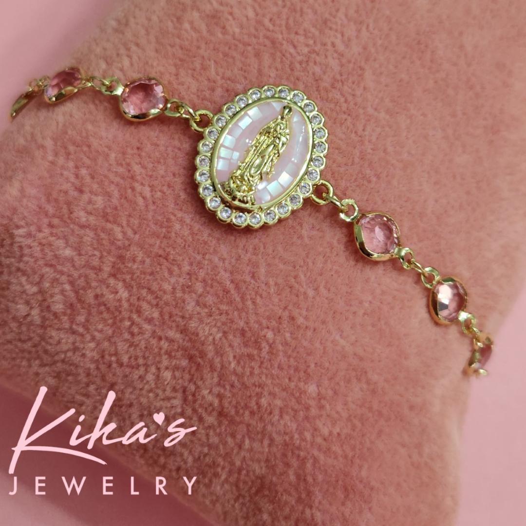 Virgin Mary Pink Oval Gold Crystal Bracelet