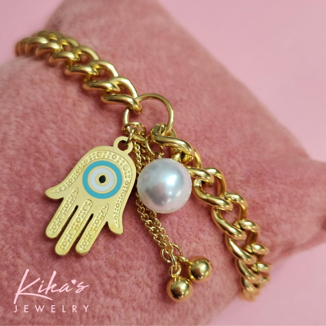 Pearl Hamsa Fatima Thick Chain Bracelet