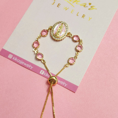 Virgin Mary Pink Oval Gold Crystal Bracelet