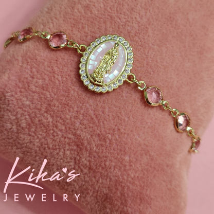 Virgin Mary Pink Oval Gold Crystal Bracelet