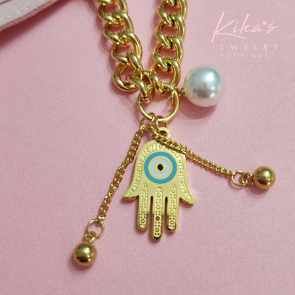 Pearl Hamsa Fatima Thick Chain Bracelet
